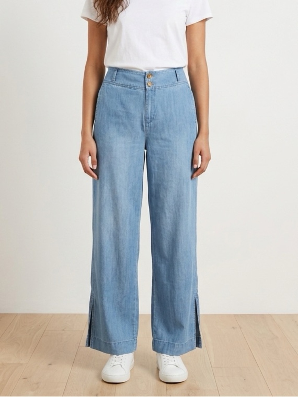 Cloth & Stone Tencel Wide Leg Jeans Split Hem Chambray Size Large Soft | Tall